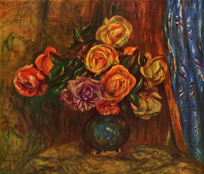 Stilleben, Rosen vor Blauem Vorhang, Pierre-Auguste Renoir